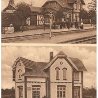 o: Bahnhof Mohrkirch Osterholz<br />
u.: Wohnhaus mit kleinem Laden für Schreibwaren, Handarbeitssachen. Baujahr 1907. Der Laden war nach den Bedürfnissen der Volkshochschule ausgerichtet, die im selben Jahr gebaut wurde.